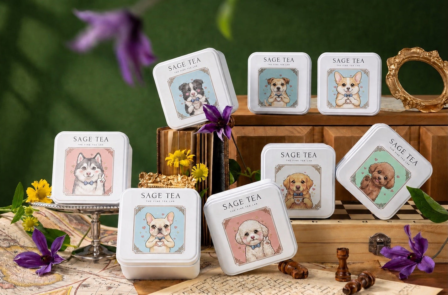SAGE TEA 萌犬系列客製化茶禮鐵盒九款產品合照