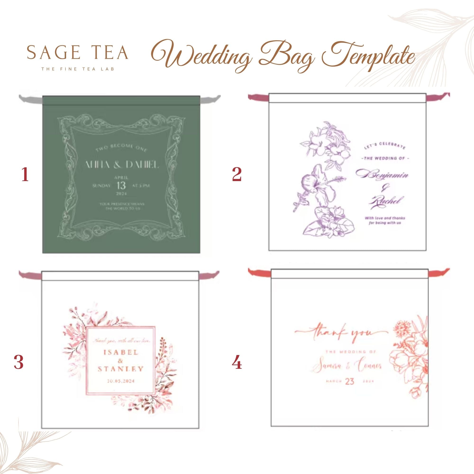 Wedding Favours 西式婚禮布袋｜客製化名字・牛軋糖＋茶磚回禮小禮物 - SAGE TEA